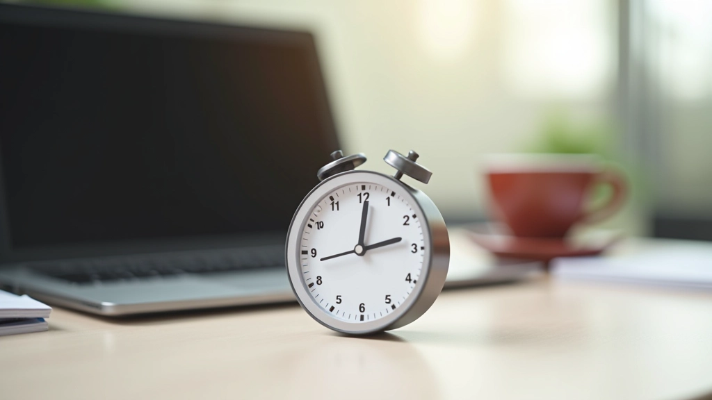 Timer Pomidoro obok laptopa, filiżanka kawy na biurku, jasne oświetlenie biura