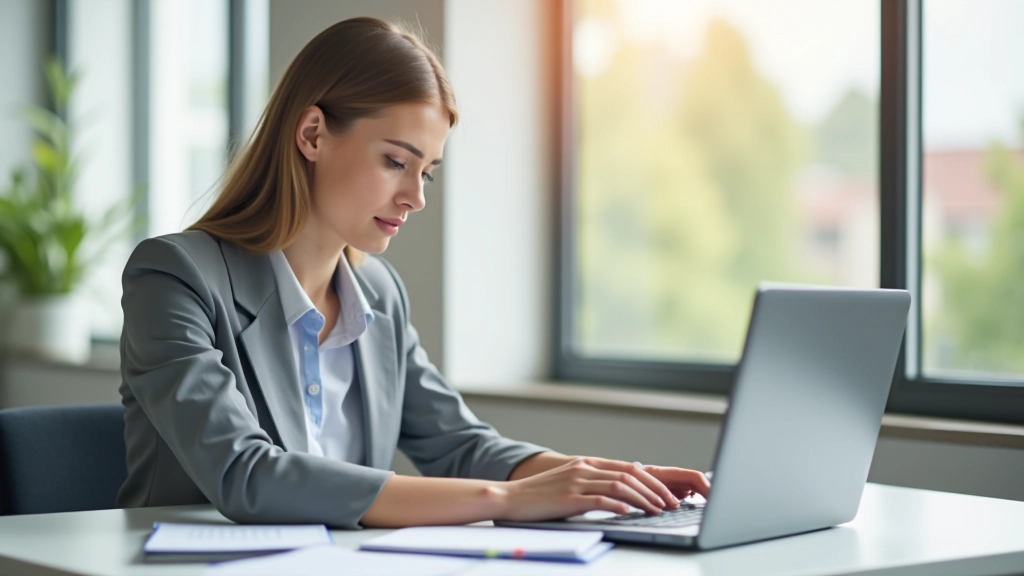 Kobieta pracująca na laptopie, na biurku otwarty kalendarz i notatki, jasne naturalne światło z okna
